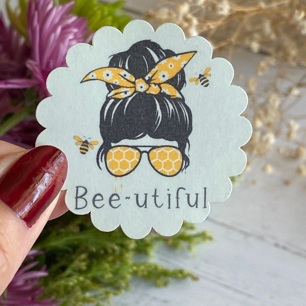 Bee-utiful sticker with woman in sunglasses, bandana and bees