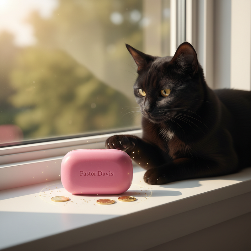 Black cat sitting on a windowsill next to a pink 'Pastor Davis' product.