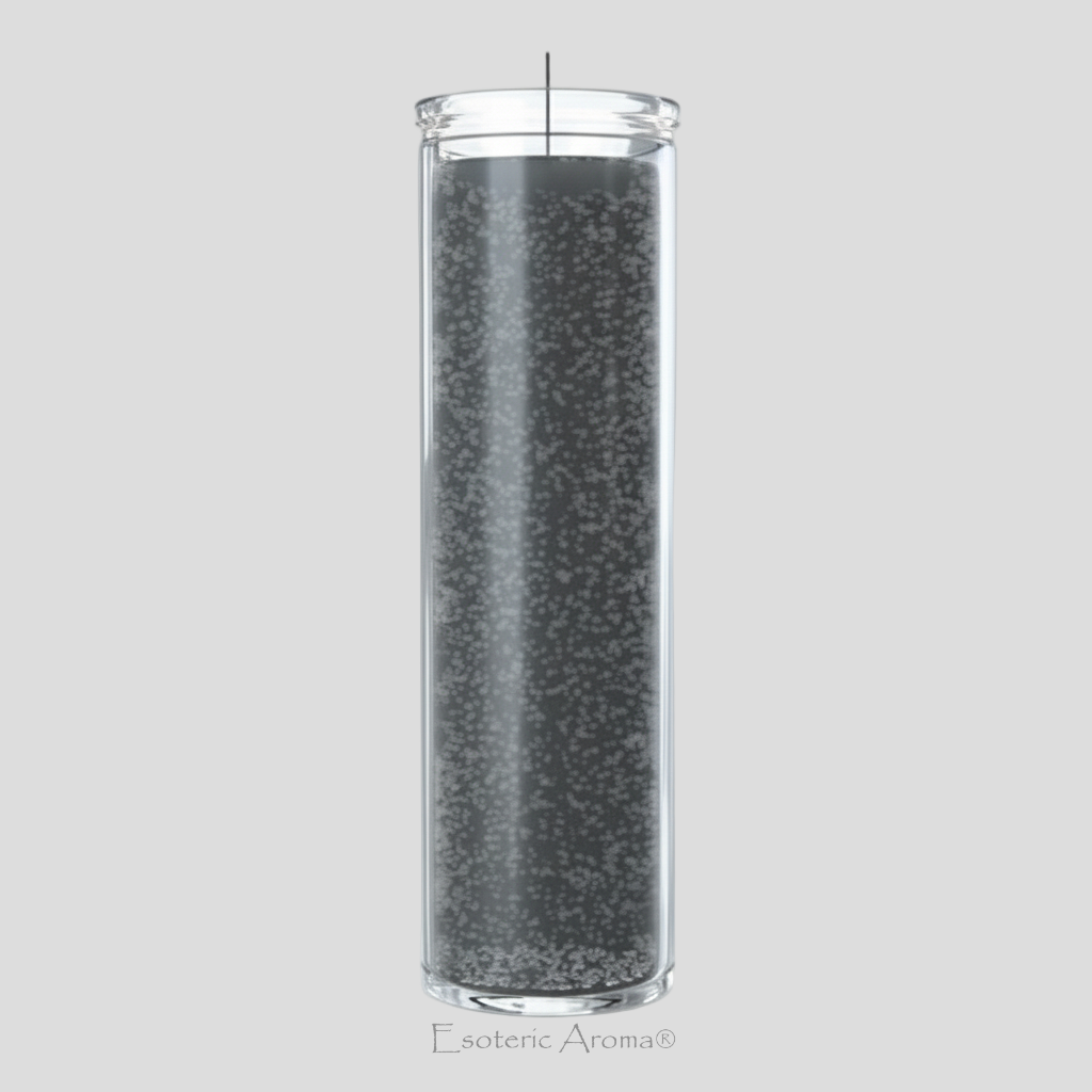 Black candle on a grey background with Esoteric Aroma branding
