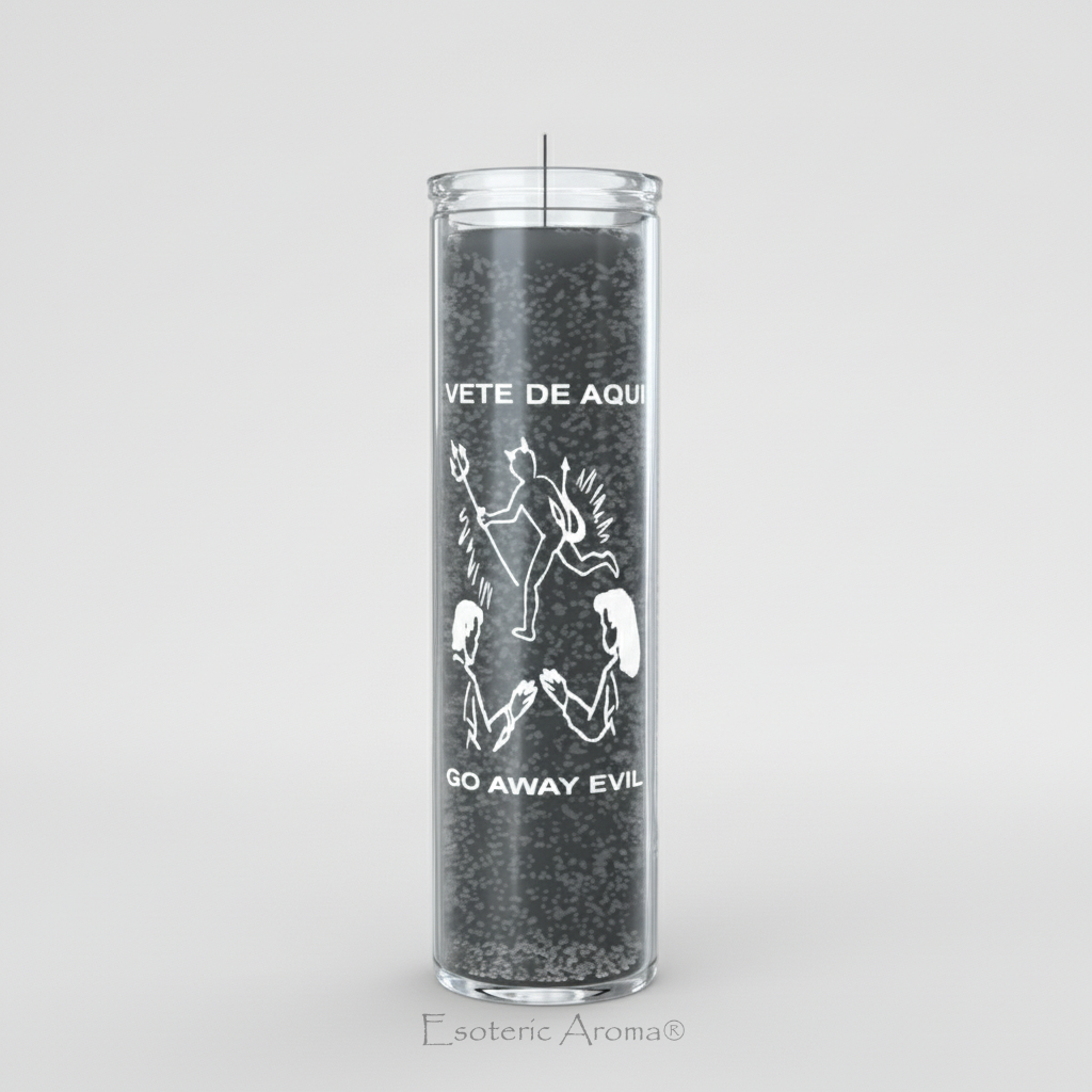 Black Go Away Evil candle on white background with Esoteric Aroma branding.