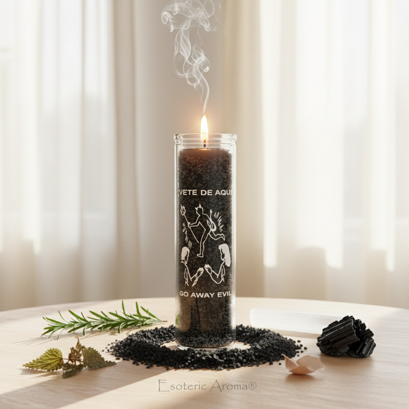 Black Go Away Evil candle on neutral table with black tourmaline, black salt, rosemary sprig, nettle leaves and a piece of Selenite with Esoteric Aroma branding.