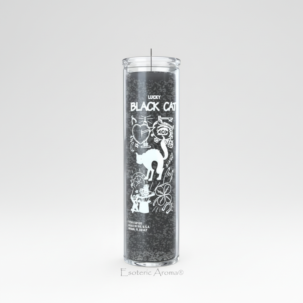 Candle with black cat design and text on a white background