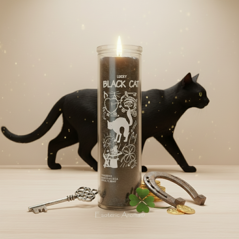 Candle labeled 'Lucky Black Cat' with decorative elements on a light background with a black cat walking in the background.