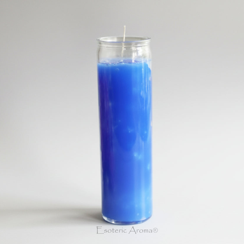 Blue candle in a glass holder on a white background with 'Esoteric Aroma' branding.