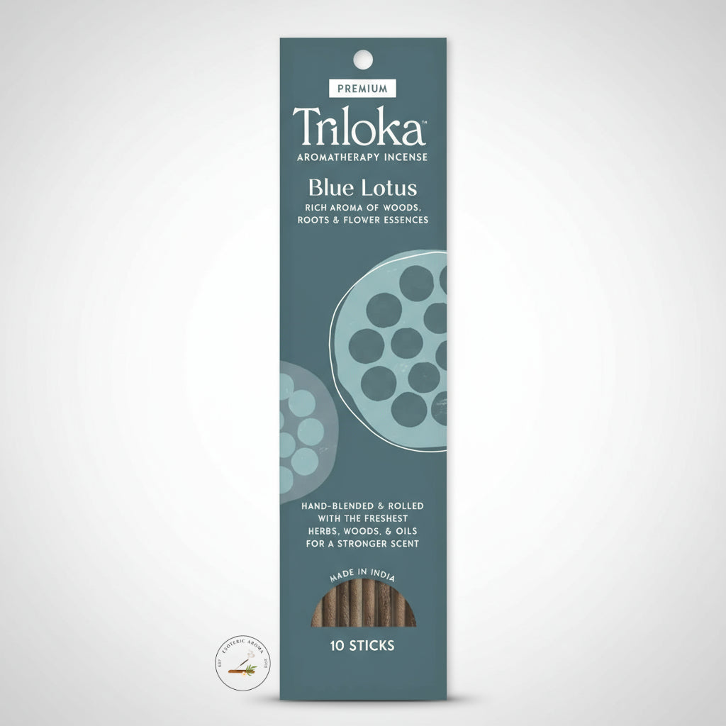 Triloka Blue Lotus aromatherapy incense packaging on a white background