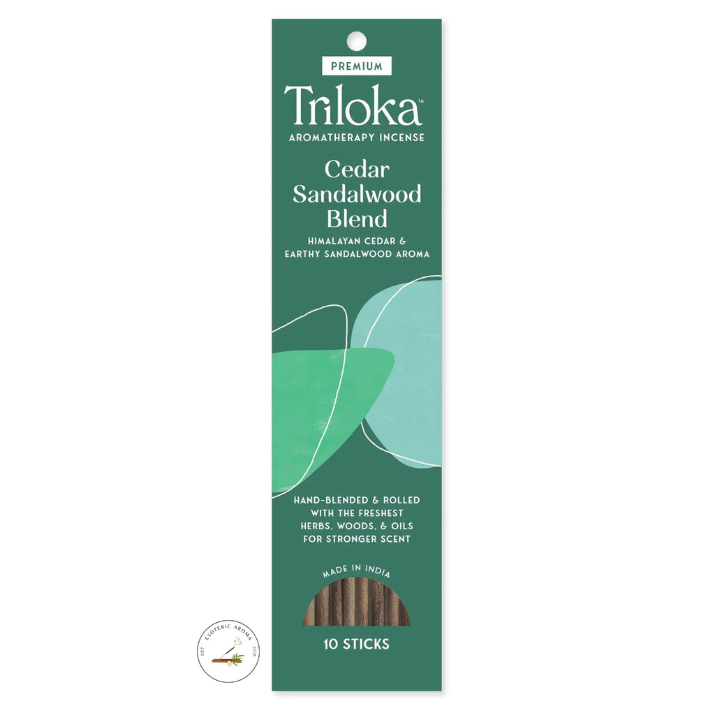Triloka Cedar Sandalwood Blend incense packaging on a white background