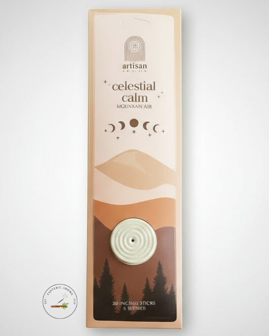 Artisan Aromatics celestial calm incense packaging on a light gray background