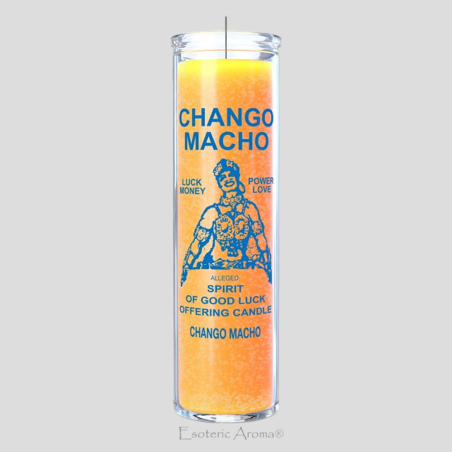 Chango Macho candle with orange and blue design on a gray background
