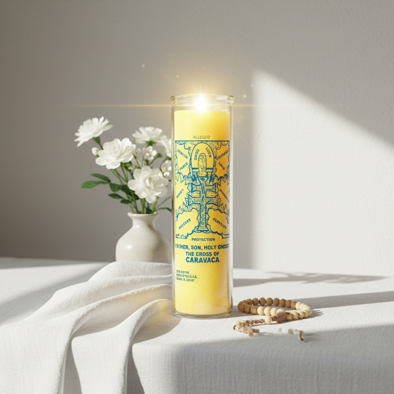 Yellow prayer candle with blue design on a white surface with flowers and a rosary.