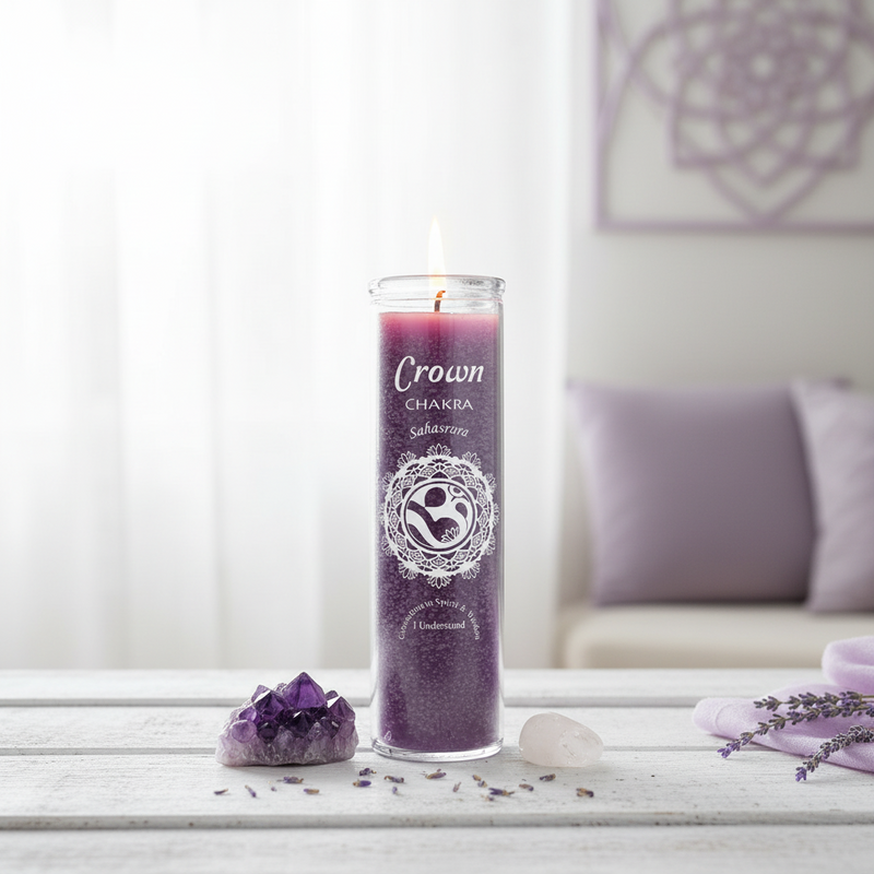 Purple candle labeled 'Crown Chakra' on a white surface with decorative elements.