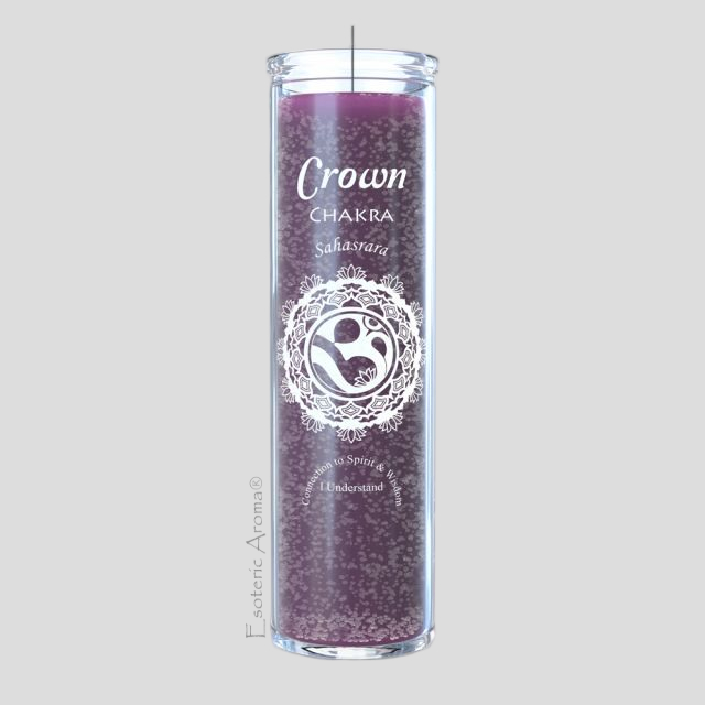 Candle labeled 'Crown Chakra' with a purple design on a gray background