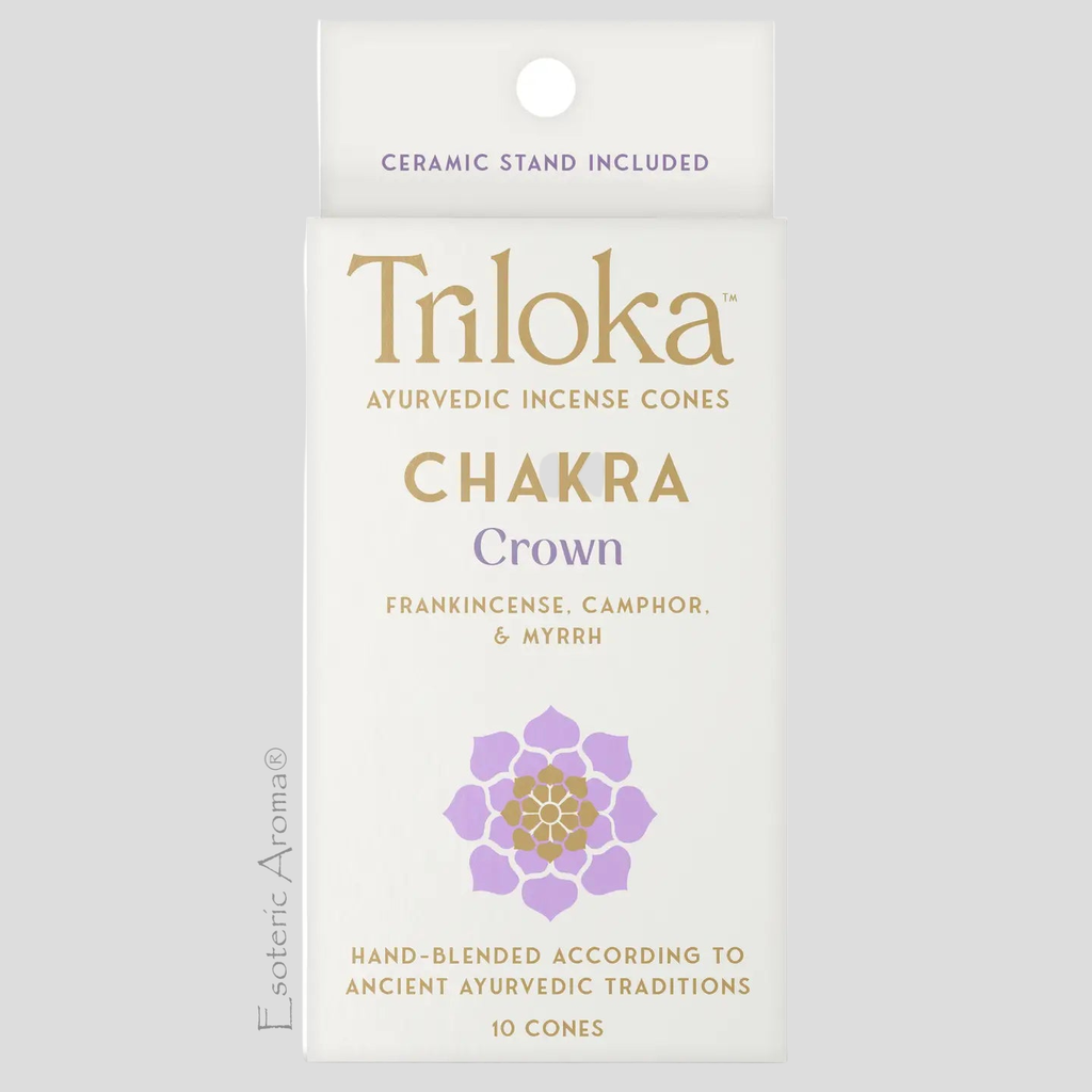 Triloka Ayurvedic Incense Cones packaging with 'Crown' flavor on a white background