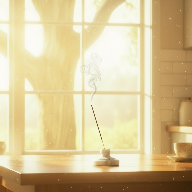 Wooden table in a kitchen in front of a window with a cup of coffee and an incense stick in a holder