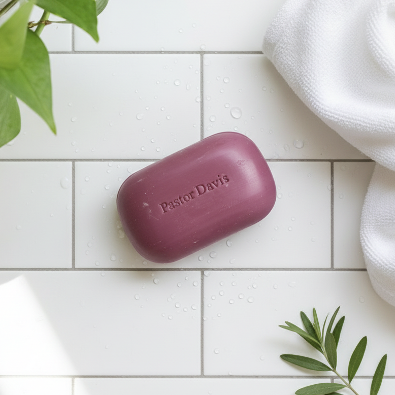 Purple soap bar with 'Pastor Davis' branding on a white tiled surface with green leaves.