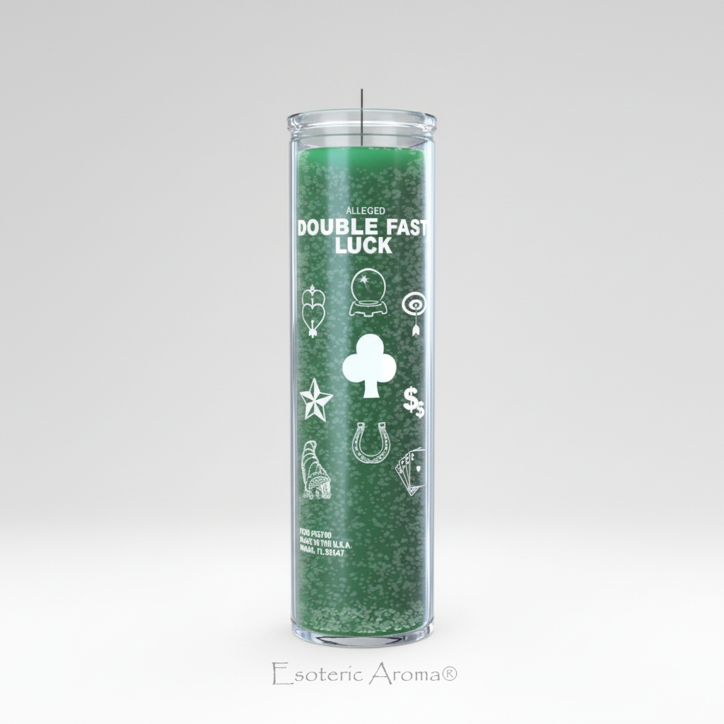 Green candle with white text and symbols on a white background