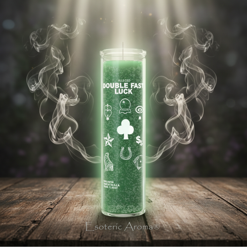 Green candle labeled 'Alleged Double Fast Luck' with smoke on a wooden surface