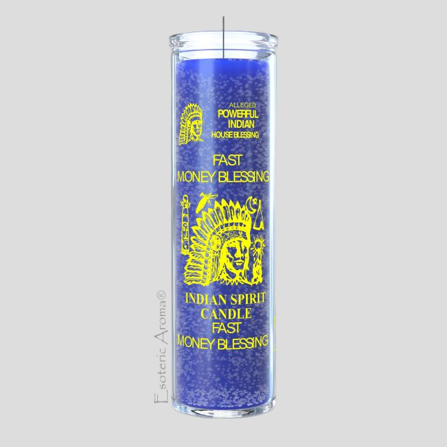 Blue candle with yellow text and graphics on a gray background