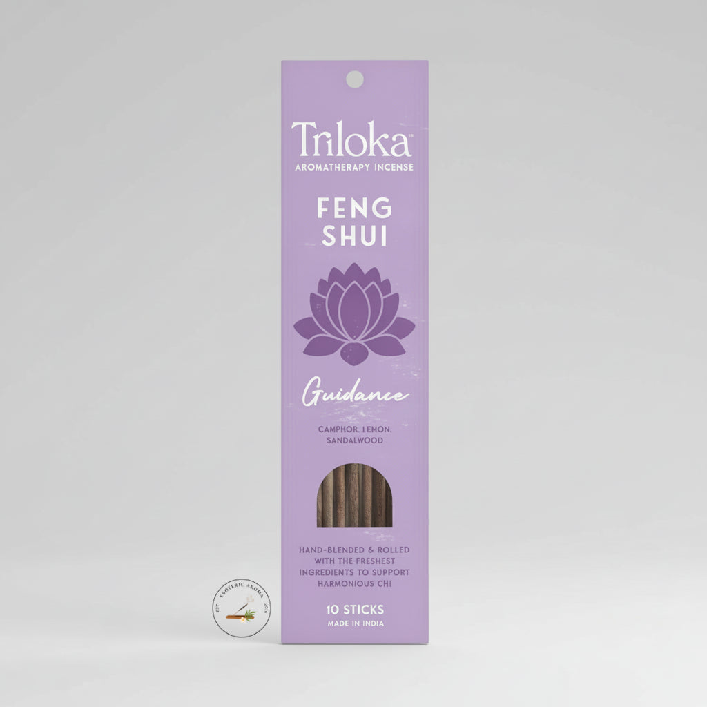Triloka Aromatherapy Incense packaging with a purple background and lotus design.