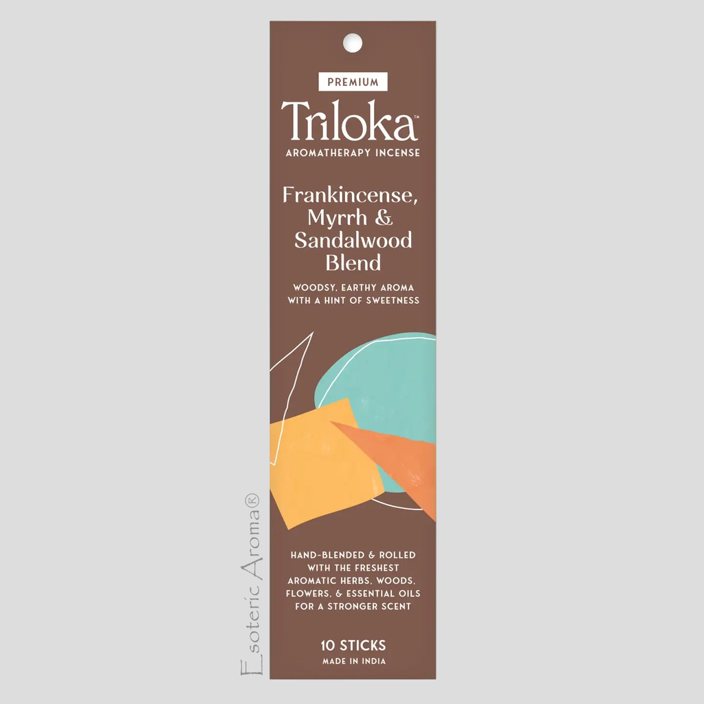 Triloka Frankincense Myrrh and Sandalwood incense blend package on a grey background