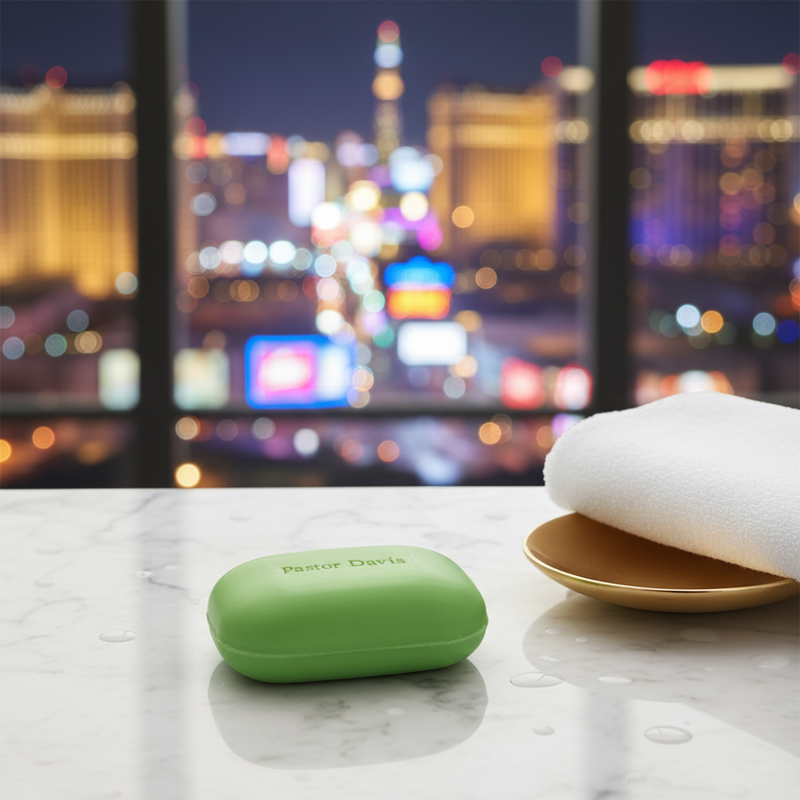 Green Soap on a marble surface with a window and city lights in the background
