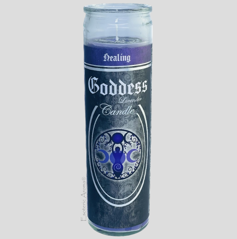Goddess lavender candle with label on a gray background