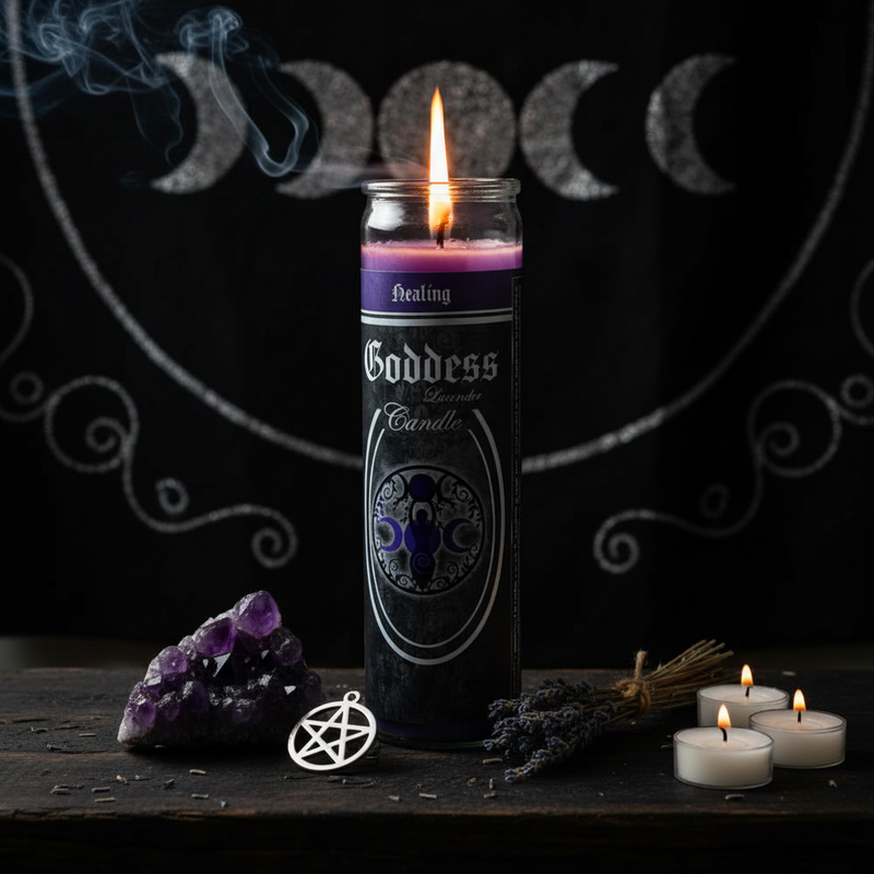 Lit candle in a 'Goddess' container with amethyst and lavender on a dark background