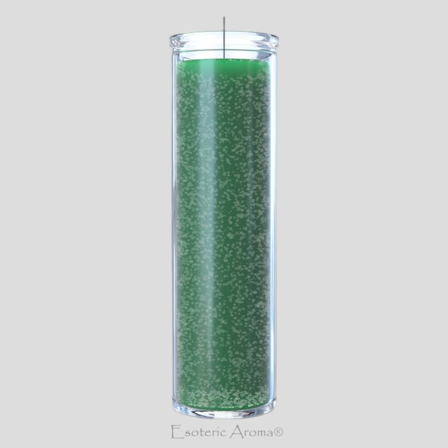 Green candle in a clear glass container on a light gray background