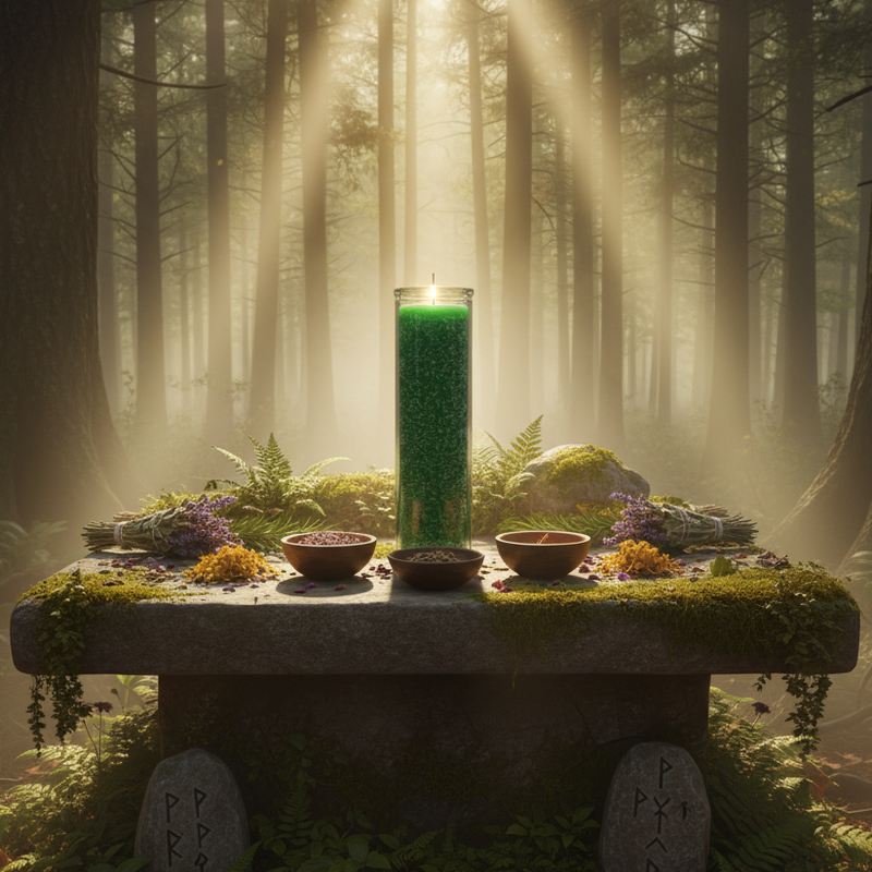 Stone altar in a forest with a lit candle and offerings, surrounded by trees and sunlight filtering through.