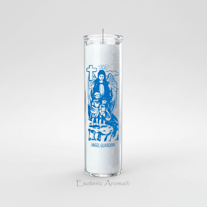 Candle with blue angel illustration on a white background