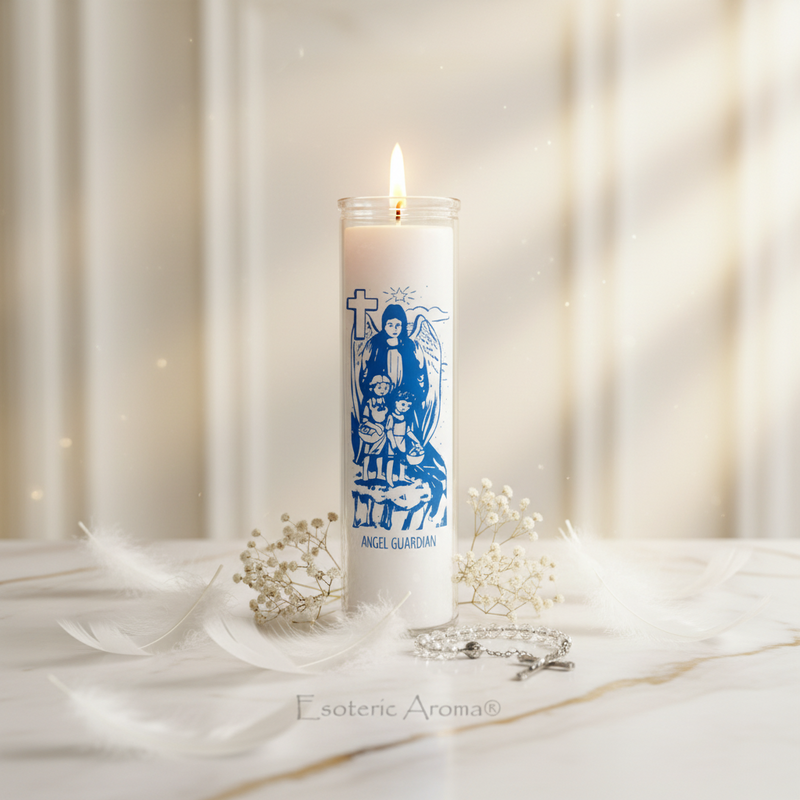 Candle with an angel design on a white fabric background
