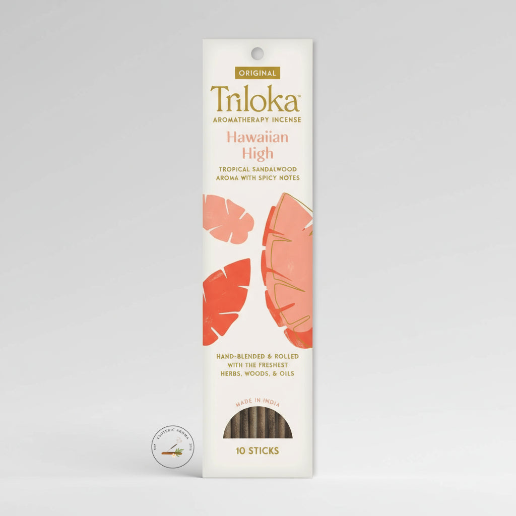 Triloka Aromatherapy Incense packaging with tropical leaf design on a white background