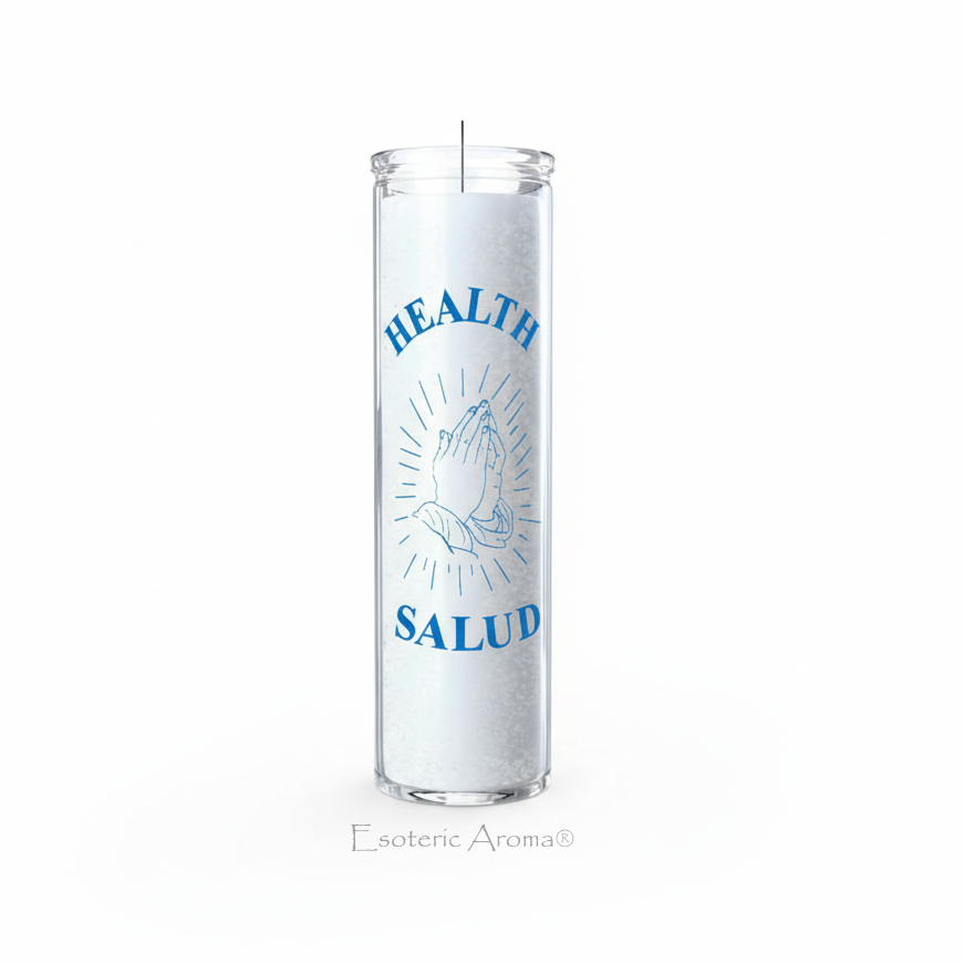 Candle with 'Health Salud' text on a white background