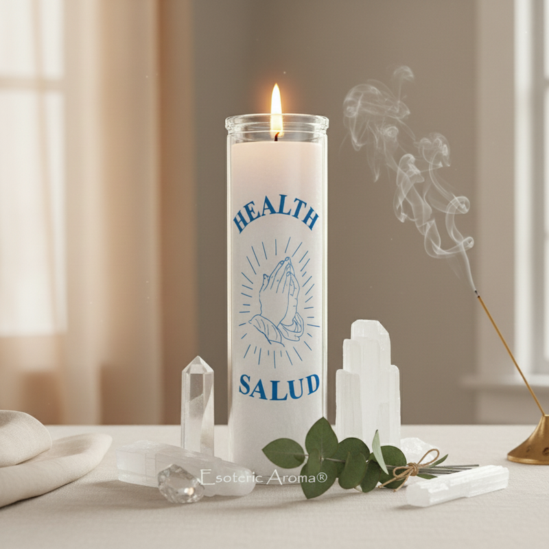 Candle with 'Health Salud' text on a table with crystals and leaves
