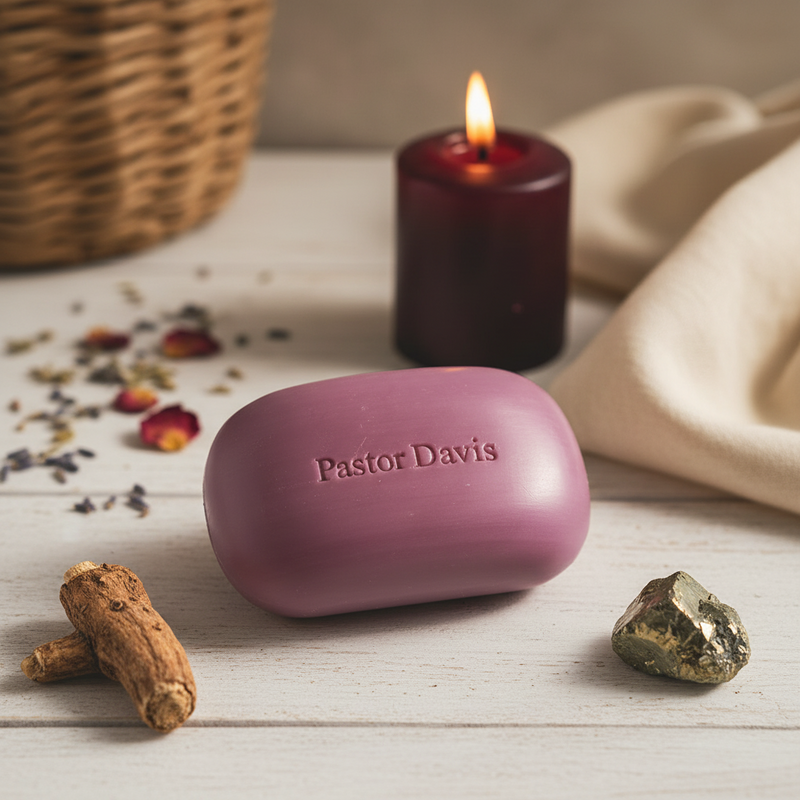 Pink soap bar with 'Pastor Davis' branding on a wooden surface with a candle and herbs.