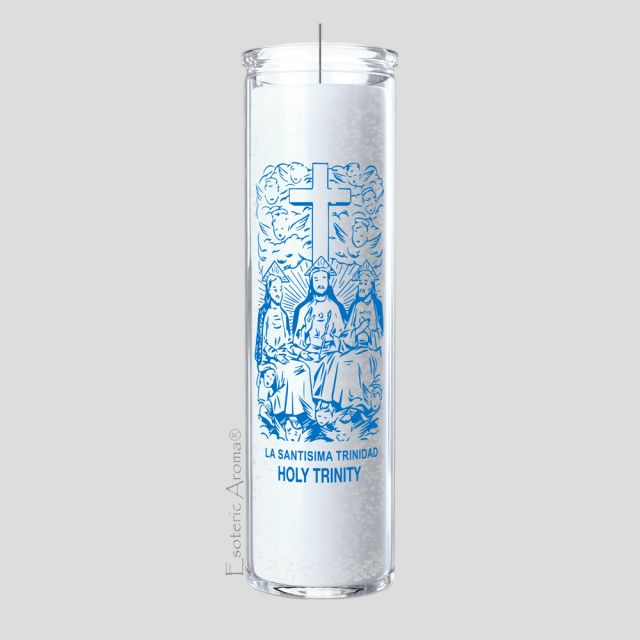 Candle with blue religious design on a white background