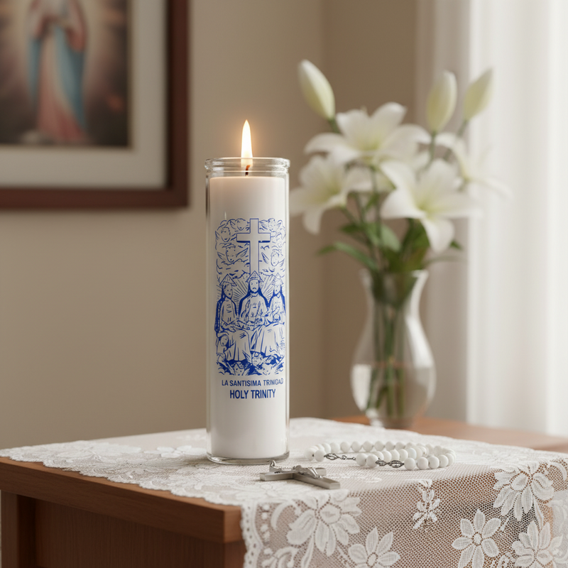 Candle with blue designs and text on a table with flowers in the background