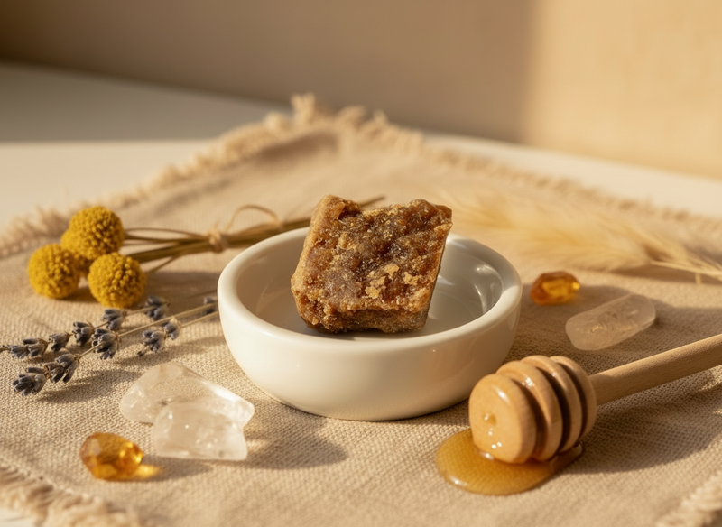 Amber resin perfume in a white bowl with honey, flowers, and a honey dipper on a textured surface.