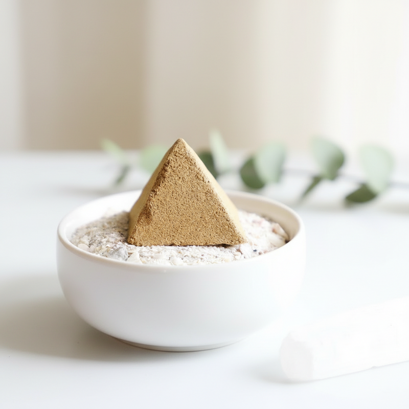 Incense pyramid in a white bowl on a light background