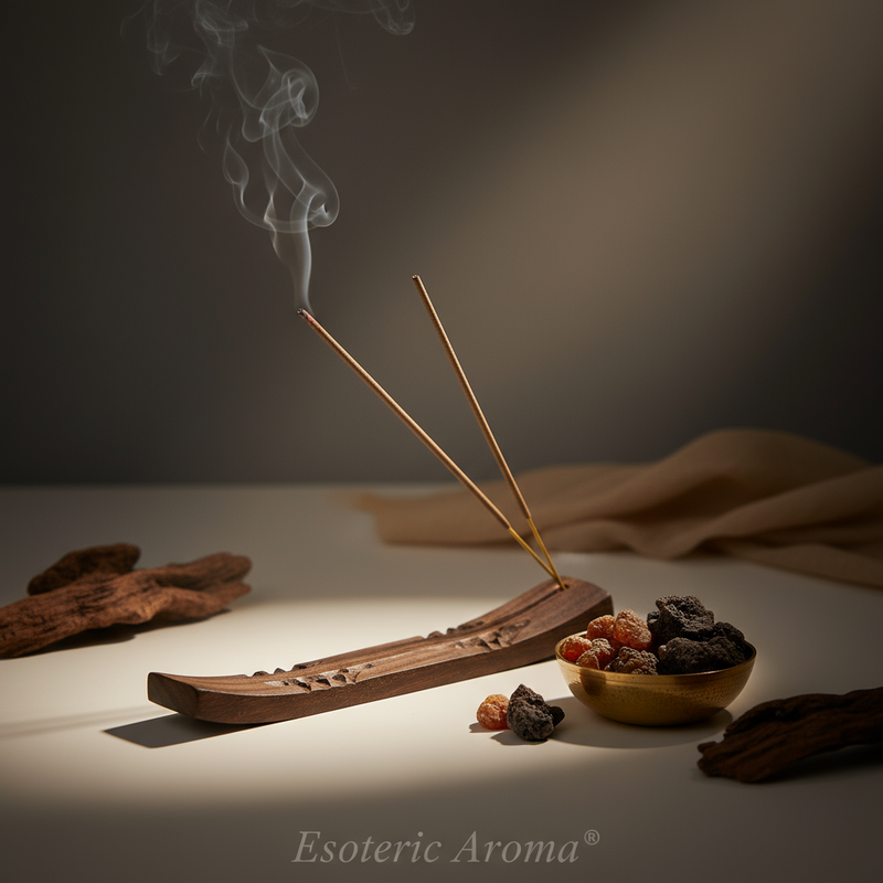 Incense sticks with smoke on a wooden holder next to a bowl of resin incense on a dark background.