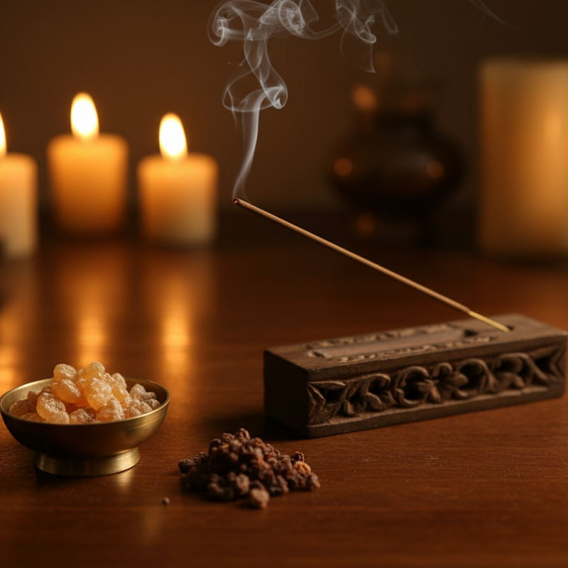 Incense stick burning with smoke on a wooden surface, surrounded by candles and incense accessories.