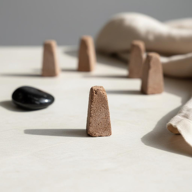 Five incense cones, a black stone and a linen garment on a natural stone table.