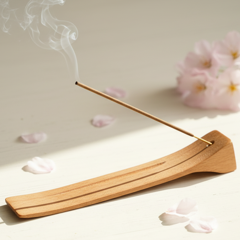 Incense stick burning on a wooden holder with cherry blossoms in the background