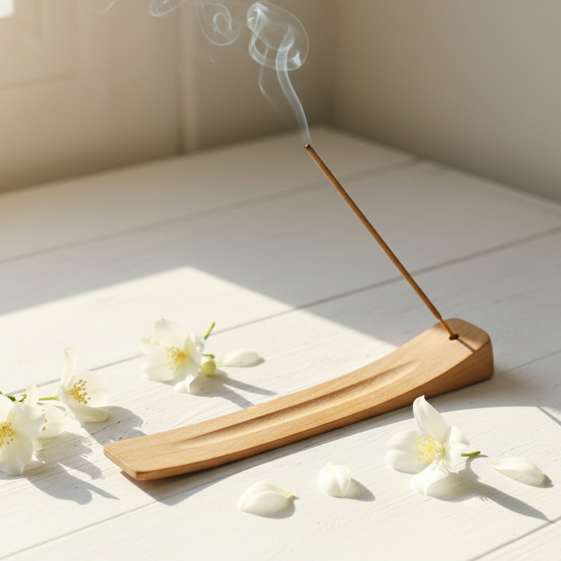 Incense stick burning on a wooden holder with white flowers on a light surface