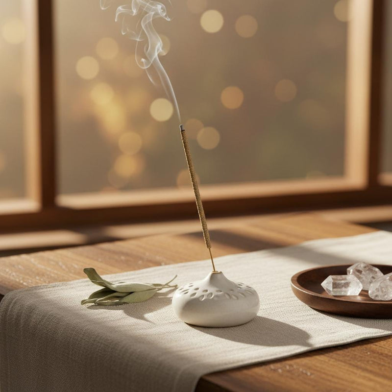 An incense stick smoking in an incense holder on a white linen table runner with a spring of sage and a bowl of quartz next to it.