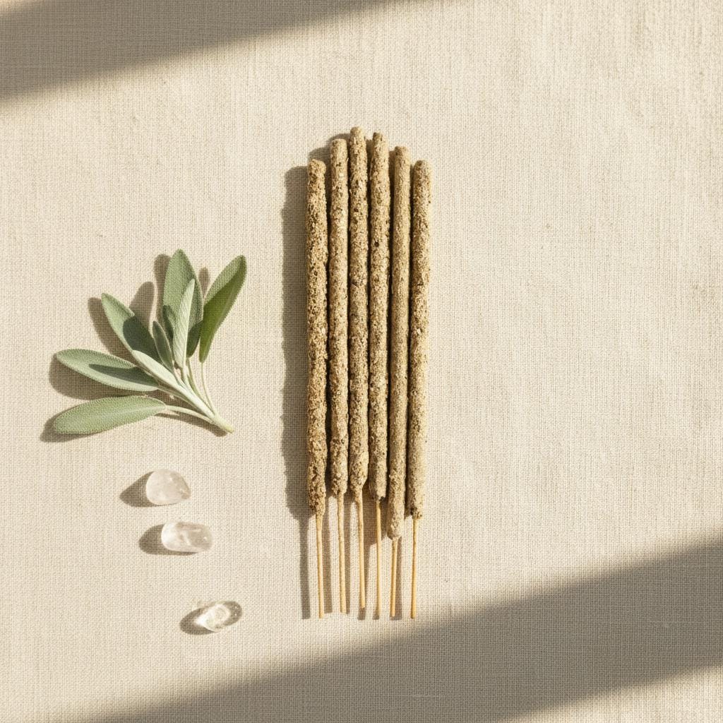 Incense sticks on linen surface with a sage leaf and quartz next to it.