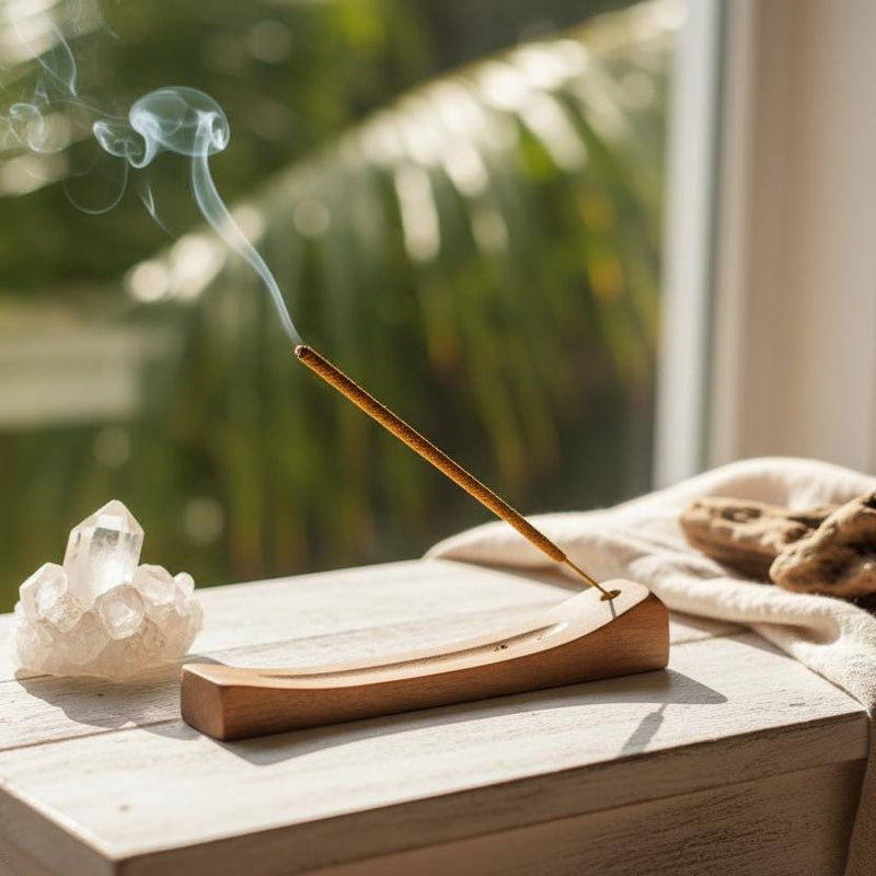 An incense stick in a wooden incense holder with a quartz crystal next to it by a window with tropical plants outside.