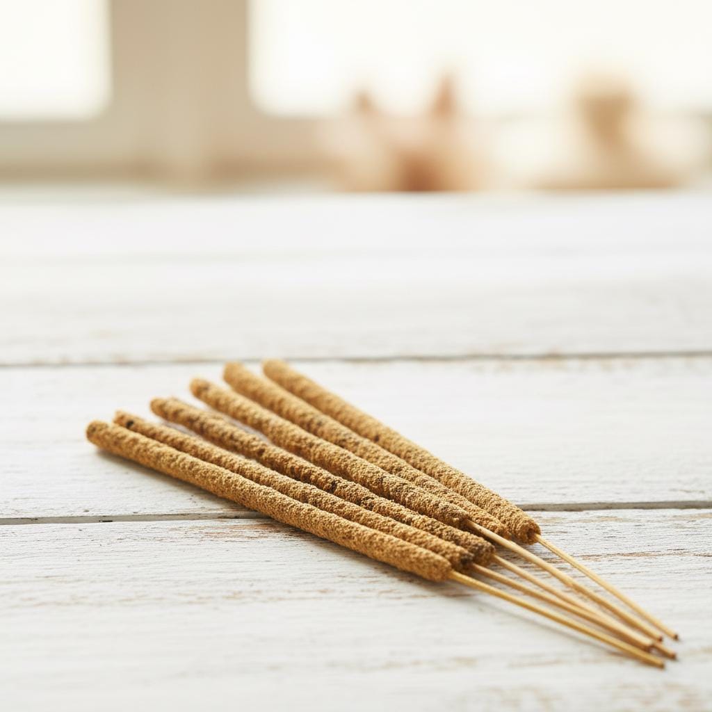 Incense sticks on a whitewashed rustic table