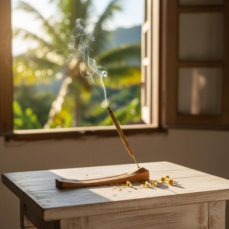 An incense stick in a wooden incense holder on a rustic table near a window with a palm tree in the background.