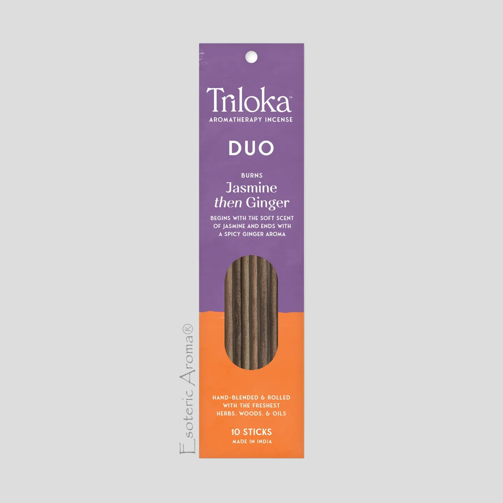 Triloka Aromatherapy Incense Duo packaging with purple and orange design on a gray background