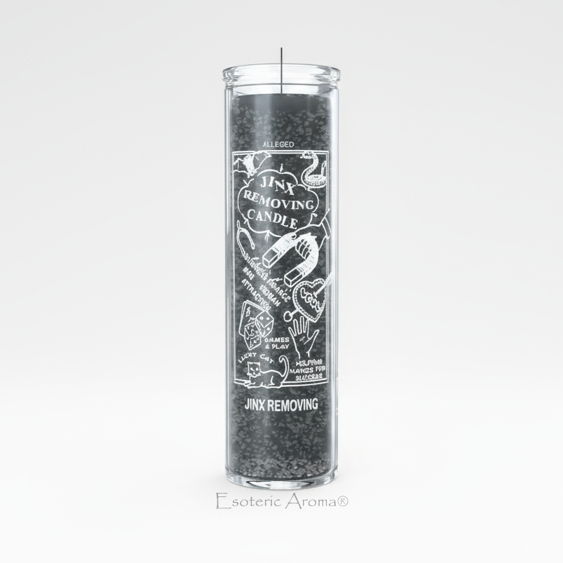 Jinx removing candle with black and white label on a white background